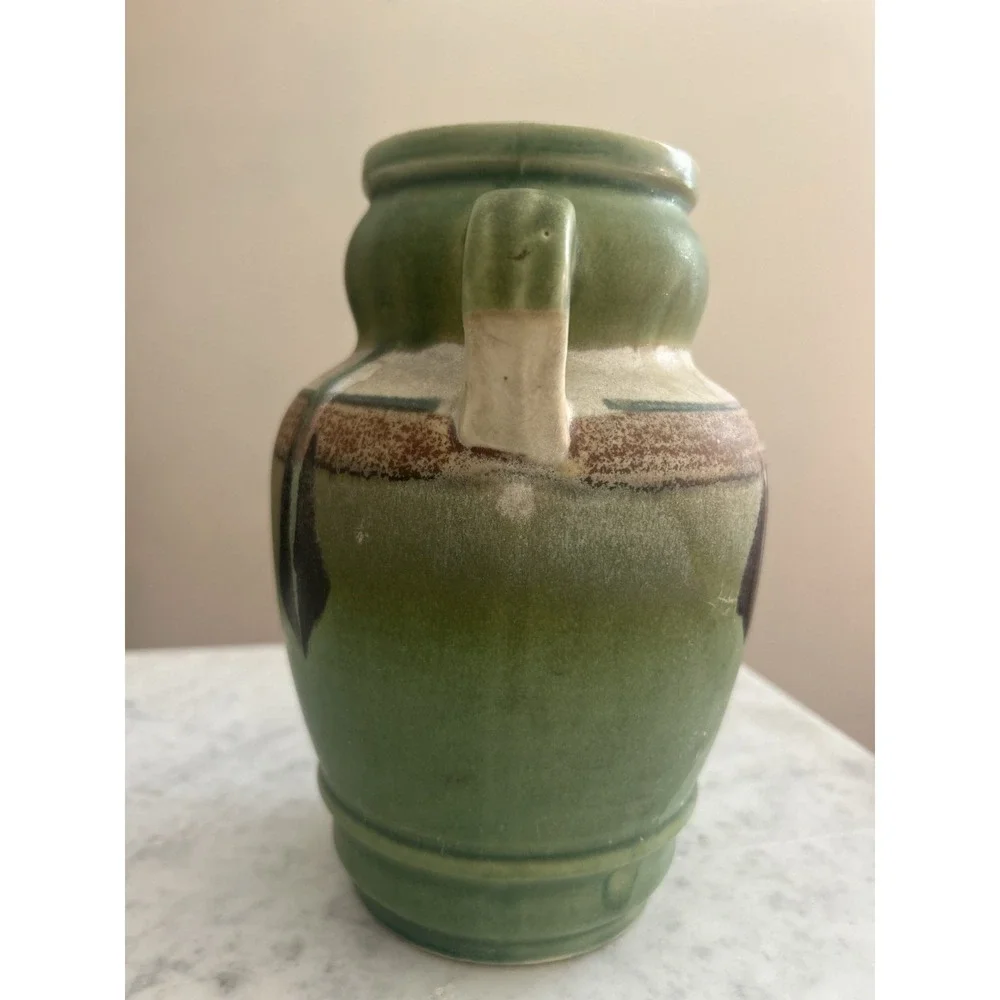 Vintage Made In Japan Art Pottery Handled Vase Roseville Monticello Style 7 1/2